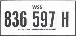 Figure 4. Crossing Identification Number Tag. An image of a crossing identification number tag, with letters and numbers, WSS 836 597 H US DOT--AAR Crossing Inventory Number