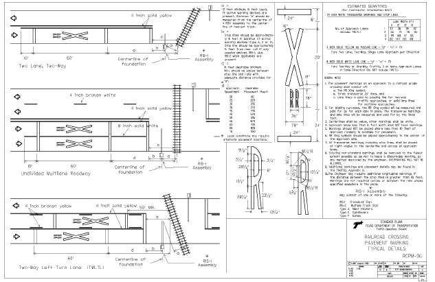 Figure 20. Alternate Pavement Markings at Highway-Rail Grade Crossings. This diagram shows several roadway crossing scenarios, including various angles at which the train track may cross the roadway and appropriate RXR pavement markings in multi-lane roadways.