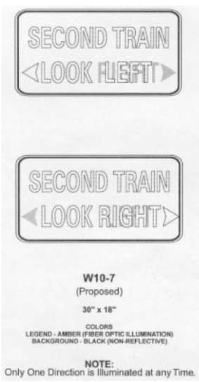 Figure 72. Example Second Train Internally Illuminated Signs. This diagram shows two signs, one that reads Second Train Look Left, the other reads Second Train Look Right with arrows to left and right respectively.