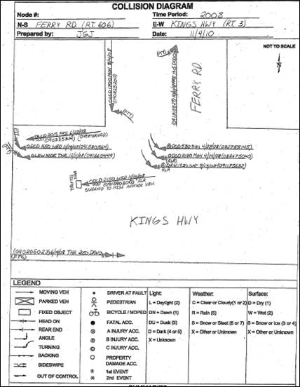 Collision diagram form showing handwritten information and a diagram of an accident at an intersection.